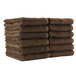 A stack of brown towels on a white background.
