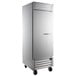 A stainless steel Beverage-Air reach-in freezer with a silver handle.