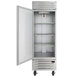 A white Beverage-Air reach-in freezer with a silver door open.