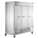 A Beverage-Air silver reach-in freezer with four solid doors.