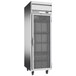 A stainless steel Beverage-Air Horizon Series reach-in refrigerator with glass doors.