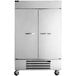 A Beverage-Air reach-in freezer with two solid doors and silver handles.