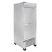 A stainless steel Beverage-Air reach-in freezer with wheels.