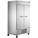 A stainless steel Beverage-Air reach-in freezer with 2 solid doors.