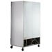 A large silver Beverage-Air reach-in freezer with two solid doors and LED lighting on wheels.