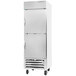A stainless steel Beverage-Air reach-in freezer on wheels.