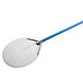 A silver and blue perforated pizza peel with a blue handle.