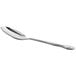A close-up of a Choice stainless steel dinner/dessert spoon with a handle.