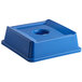 A blue square Rubbermaid recycling lid with a hole in the middle.