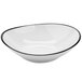 A white GET Settlement melamine shallow coupe bowl with a black rim.