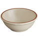 A white stoneware bowl with a brown and red narrow rim.