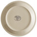 A white Libbey narrow rim stoneware plate with brown bands and a black logo.