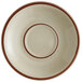 A Libbey Desert Sand narrow rim stoneware saucer with brown bands.
