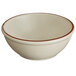 A Libbey narrow rim stoneware oatmeal bowl with brown band on a white background.
