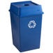 A blue Rubbermaid recycling bin with a white recycle symbol.
