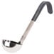 A silver stainless steel Vollrath ladle with a black Kool-Touch handle.