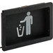 A black rectangular Vollrath door with a white and grey trash symbol being used to throw trash.