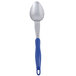 A Vollrath heavy-duty spoon with a blue Ergo grip handle.