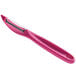 A Victorinox pink vegetable peeler with a serrated high carbon stainless steel blade.