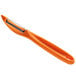 An orange Victorinox straight vegetable peeler with a serrated blade and plastic handle.