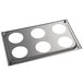 A stainless steel metal adapter plate with holes for 6 pans.