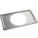 A silver rectangular stainless steel adapter plate with a white circle in the center.