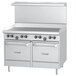 A stainless steel U.S. Range commercial gas range with a manual griddle top and cabinet base.