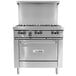 A stainless steel U.S. Range commercial gas range with a griddle top and cabinet base.