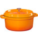 An orange enamel coated round Dutch oven with a lid.