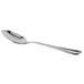 A Libbey stainless steel dessert spoon with a curved silver handle.