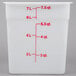 A white plastic Cambro CamSquares food storage container with red writing.