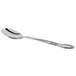 A close-up of a Libbey Linda stainless steel bouillon spoon with a white background.