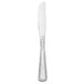 A Libbey stainless steel dinner knife with a white handle and black border on a white background.