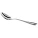 A close-up of a Libbey McIntosh stainless steel dessert spoon with a silver handle.