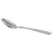 A Libbey Salem stainless steel demitasse spoon with a white handle.
