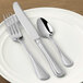 A white plate with a Libbey stainless steel dinner fork on it.