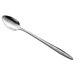 The handle of a Libbey stainless steel iced tea spoon with a silver finish.