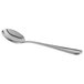 The round bowl of a Libbey stainless steel soup spoon with a silver handle.