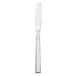 A silver stainless steel Libbey Windsor dinner knife with a black border on a white background.