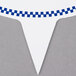 A close-up of a white and blue oval-shaped deli sign spear with a checkered border.