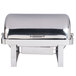 A Vollrath stainless steel rectangular chafer with a roll top lid.