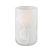 A Sterno Frost Votive Liquid Candle Holder with a lit white candle inside.