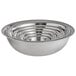 A group of stainless steel Vollrath mixing bowls in four different sizes.