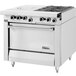 A white Garland commercial gas range with two burners and a hot top.