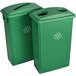 A pair of green Lavex recycle bins with bottle, can, and paper lids.