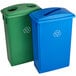 A close-up of a Lavex green and blue recycle bins with lids.