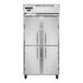 A white rectangular Continental Refrigerator with two stainless steel half doors.
