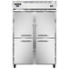 A white narrow reach-in refrigerator with two half doors and silver handles.