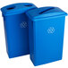 A pair of blue Lavex Slim Rectangular recycle bins with bottle/can and paper lids.