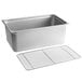 A stainless steel steam table pan with a footed metal cooling rack inside.